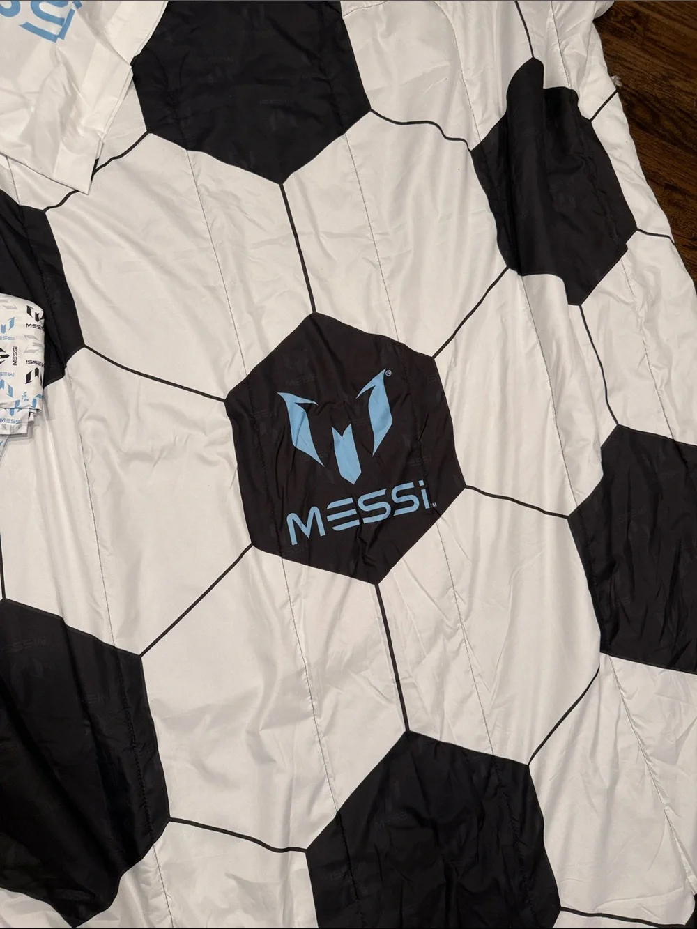 Messi Soccer Hexagon Comforter twin Set - White & Black with Light Blue Accents